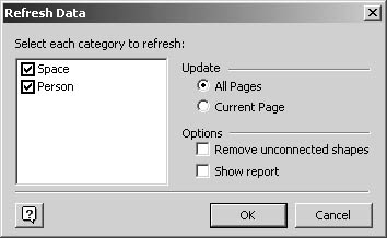 figure 26-19. to update the information in your floor plan, choose plan, refresh data to display this dialog box. visio re-imports the data, overwriting the values in your model.