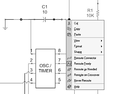 figure 27-11. you can right-click lines drawn with the connector tool to display a shortcut menu with commands for controlling the line's routing behavior.