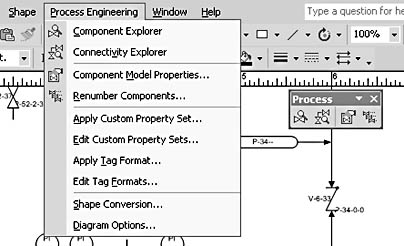 figure 27-15. the process engineering templates add a menu and toolbar. the toolbar buttons are shortcuts for the first four menu commands.