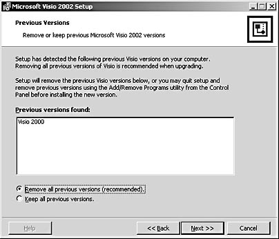 figure a-2.  if an earlier version of visio is installed on your computer, you can choose to keep it or replace it with visio 2002.
