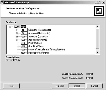 figure a-5.  you can choose sets of features to install on the customize visio configuration screen.