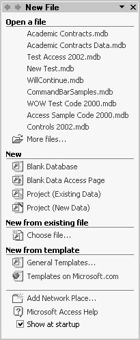 figure 1-1. the task pane offers choices for opening or creating databases when access is opened.