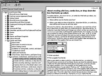 figure 2-18. selecting a help topic displays its contents in the right pane of the microsoft access help window.