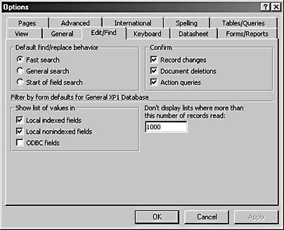 figure 2-25. with the edit/find tab of the options dialog box, you can specify search behavior in datasheets.