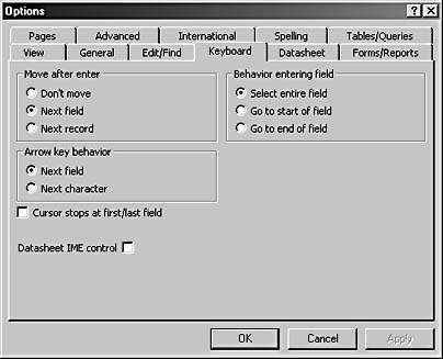 figure 2-26. the keyboard tab of the options dialog box specifies how you navigate text boxes.