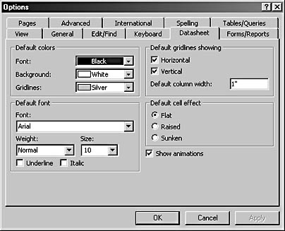 figure 2-27. with the datasheet tab of the options dialog box, you can specify the default formatting for text in datasheets.
