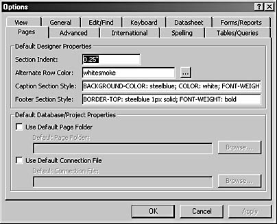 figure 2-29. with the pages tab of the options dialog box, you can change the appearance of data access pages.
