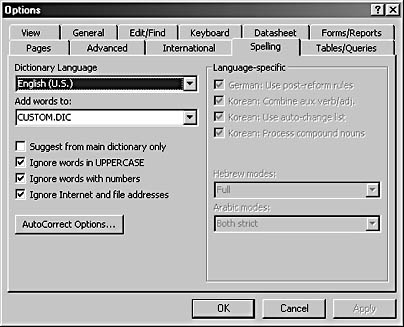 figure 2-32. you can use the spelling tab of the options dialog box to set spelling options.