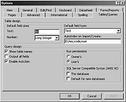 figure 2-33. you can use the tables/queries tab of the options dialog box to format tables.