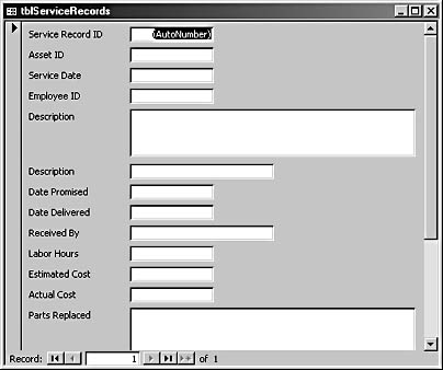 figure 4-8. a form is created by the table wizard for entering data into the new table.