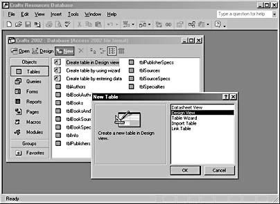 figure 4-9. open the new table dialog box to create a table in design view.