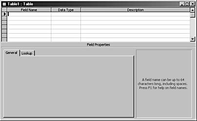 figure 4-10. creating a new table in design view involves naming the fields and choosing their data types.