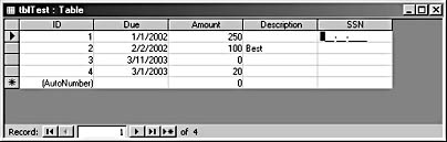 figure 4-21. an input mask is visible in the ssn field of a table in datasheet view.