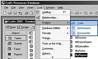 figure 4-32. you can use the selections on the analyze submenu to ensure that your tables are designed to function effectively.