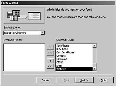 figure 5-7.the form wizard lists available fields for a justified form.