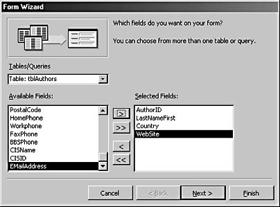 figure 5-15.select fields for a tabular form on the first page of the form wizard.