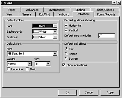 figure 5-24. you can set datasheet appearance options on the datasheet tab of the options dialog box.