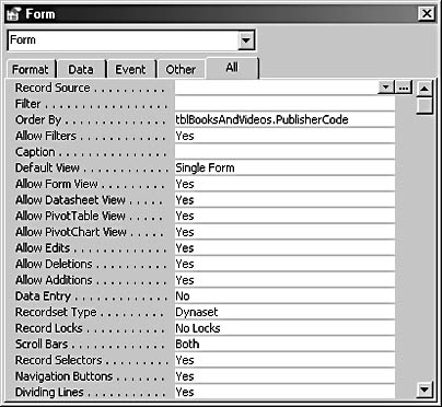 figure 5-40. a form’s properties sheet divides form properties into five tabs.