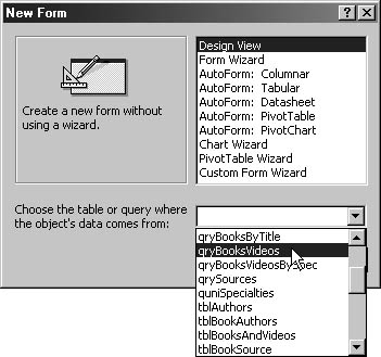 figure 5-51. choose a table or query as a form’s record source in the new form dialog box.