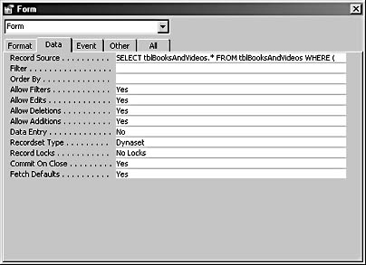 figure 5-54.the finished sql statement appears in the record source property of the form’s properties sheet.