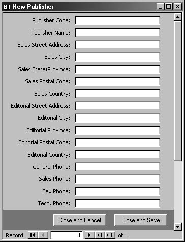 figure 5-62. when complete, the new publisher quick data entry form looks like this.