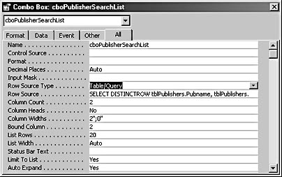 figure 6-12. you can use the properties sheet of a record selector combo box to specify the combo box's row source and other properties.