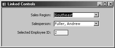 figure 6-16. this text box displays the employee id of the employee selected in the salesperson combo box.
