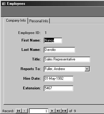 figure 6-21. the northwind employees form uses a tab control to divide employee data into two groups.