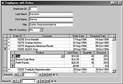figure 6-27. this form has a subform bound to a table with a subdatasheet.