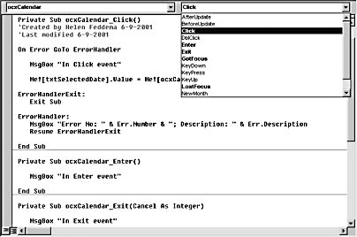figure 6-30. the events/procedures list for the calendar control shows many more events than are listed in the control's properties sheet.