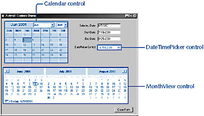 figure 6-31. frmactivexcontrols shows three activex controls used for selecting dates.