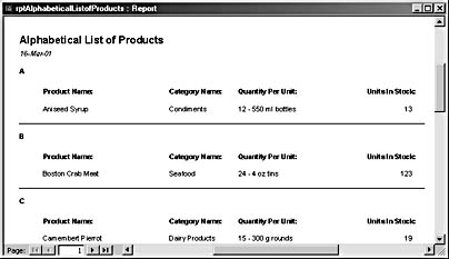 figure 7-57. this report is grouped by the first letter of the product name.