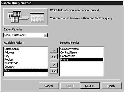 figure 9-3.use the simple query wizard to select fields to be included in the query.