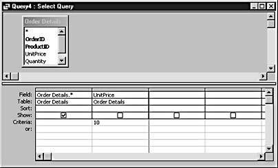 figure 9-13. the expression in the criteria row limits the query.