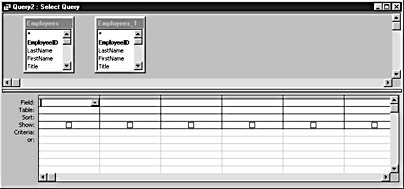 figure 9-41. two employees tables shown in query design view. access gives the second instance of the employees table the name employees_1.