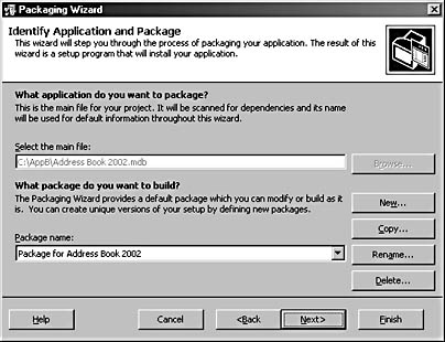 figure b-4.this page of the packaging wizard allows you to identify the application you want to package and select the package to build for it.