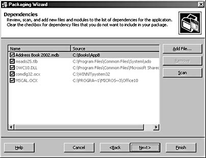 figure b-6.the dependencies screen of the packaging wizard allows you to choose files and modules for the application.
