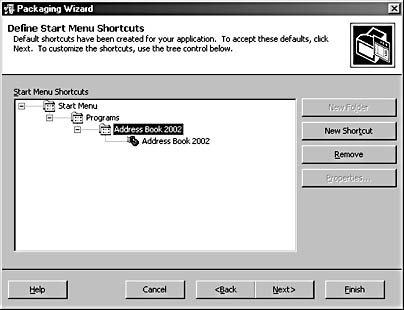 figure b-8.the define start menu shortcuts screen of the packaging wizard allows you to create a shortcut to your application.