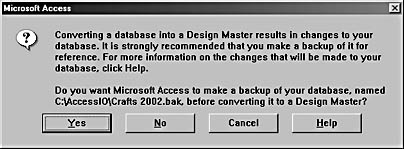 figure d-2.create a backup before converting a database to a design master.