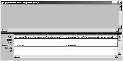 figure 10-9. an append query can add a single row of specific values to a table.