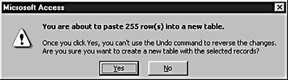 figure 10-18. access asks you to confirm your intent to create a new table.