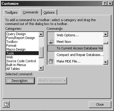 figure 13-9. add buttons to your custom toolbars on the commands tab of the customize dialog box.