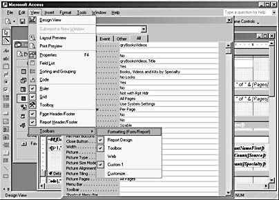 figure 13-23. these toolbars are appropriate for a report in design view.