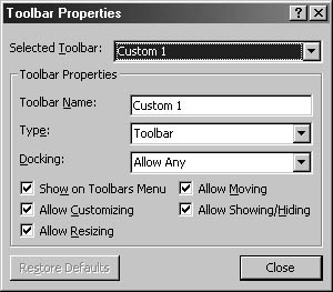 figure 13-25. the properties sheet of a custom toolbar has more options enabled.