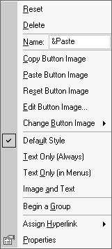 figure 13-26. this shortcut menu of a toolbar button is shown in customize mode.
