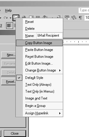 figure 13-29.select copy button image from the e-mail button’s shortcut menu to copy a toolbar button’s image.