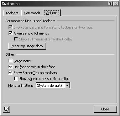 figure 13-33. you can set general toolbar properties on the options tab of the customize dialog box.