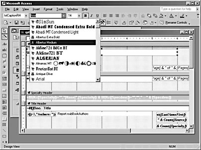 figure 13-35.in report design view, the fonts list displays the font names in their corresponding fonts.