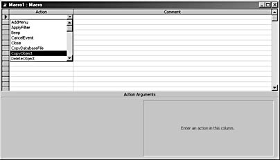 figure 14-1. use the action column to select an action to add to a new macro.