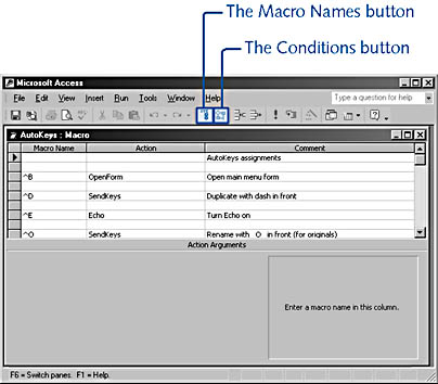 figure 14-2. the macro names and conditions buttons appear on the macro design toolbar.